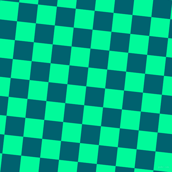 84/174 degree angle diagonal checkered chequered squares checker pattern checkers background, 61 pixel squares size, Blue Lagoon and Medium Spring Green checkers chequered checkered squares seamless tileable