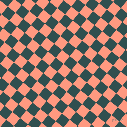 51/141 degree angle diagonal checkered chequered squares checker pattern checkers background, 34 pixel squares size, Vivid Tangerine and Dark Slate Grey checkers chequered checkered squares seamless tileable