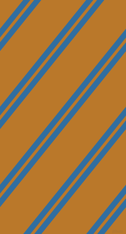51 degree angle dual striped lines, 19 pixel lines width, 10 and 119 pixel line spacing, Lochmara and Pirate Gold dual two line striped seamless tileable