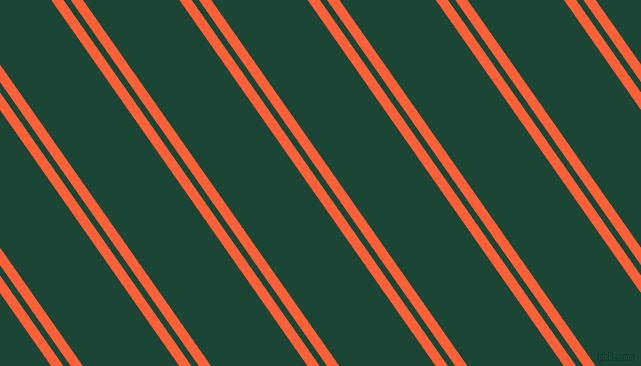 125 degree angle dual stripes lines, 10 pixel lines width, 6 and 79 pixel line spacing, Outrageous Orange and Sherwood Green dual two line striped seamless tileable
