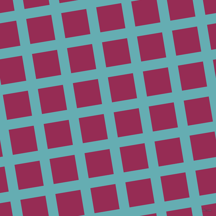 9/99 degree angle diagonal checkered chequered lines, 33 pixel line width, 83 pixel square size, Fountain Blue and Lipstick plaid checkered seamless tileable