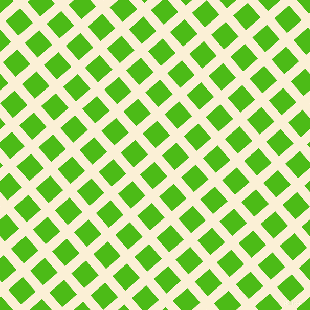 41/131 degree angle diagonal checkered chequered lines, 19 pixel lines width, 38 pixel square size, Half Dutch White and Kelly Green plaid checkered seamless tileable