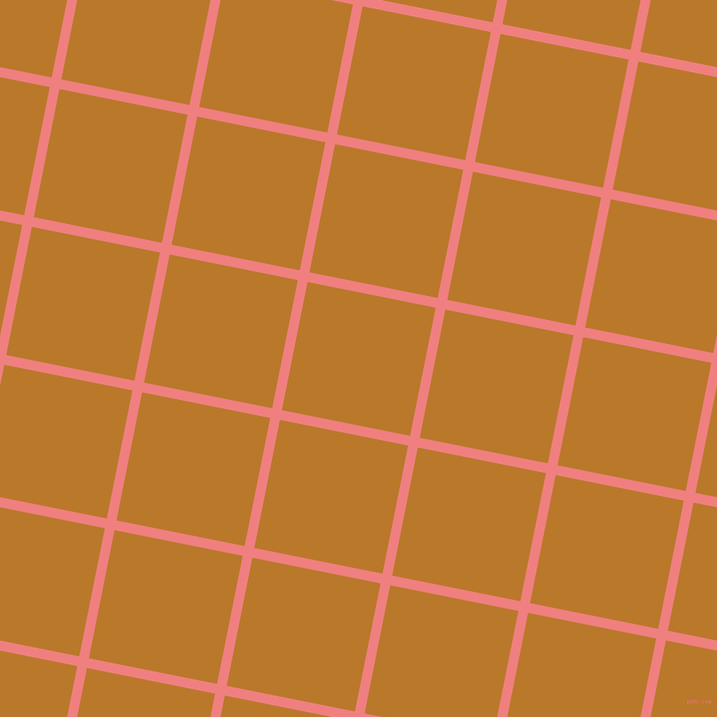 79/169 degree angle diagonal checkered chequered lines, 14 pixel lines width, 185 pixel square size, Light Coral and Pirate Gold plaid checkered seamless tileable