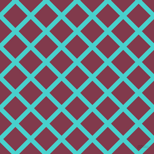 45/135 degree angle diagonal checkered chequered lines, 15 pixel lines width, 56 pixel square size, Medium Turquoise and Camelot plaid checkered seamless tileable