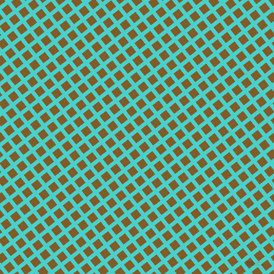 38/128 degree angle diagonal checkered chequered lines, 8 pixel lines width, 16 pixel square size, Medium Turquoise and Hot Curry plaid checkered seamless tileable