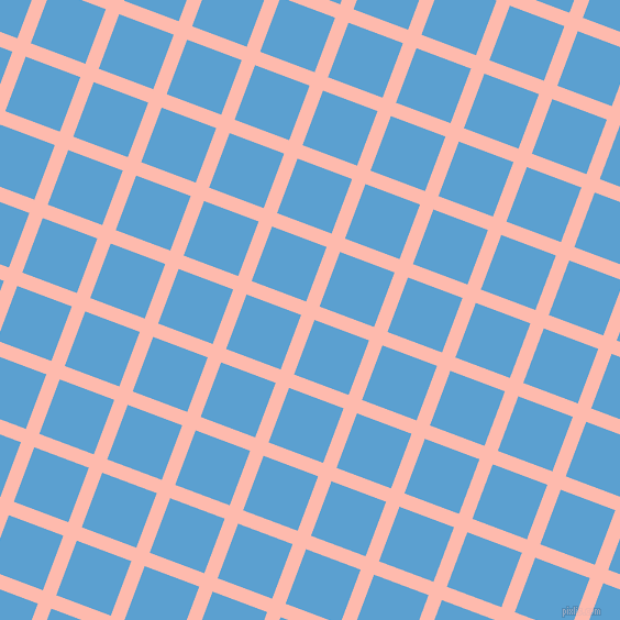 69/159 degree angle diagonal checkered chequered lines, 13 pixel line width, 53 pixel square size, Melon and Picton Blue plaid checkered seamless tileable