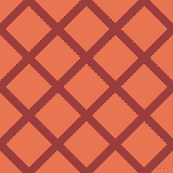 45/135 degree angle diagonal checkered chequered lines, 27 pixel lines width, 109 pixel square size, Mexican Red and Burnt Sienna plaid checkered seamless tileable