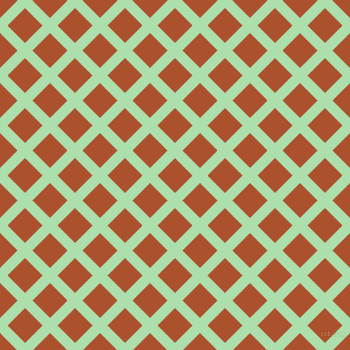 45/135 degree angle diagonal checkered chequered lines, 15 pixel lines width, 35 pixel square size, Moss Green and Rose Of Sharon plaid checkered seamless tileable