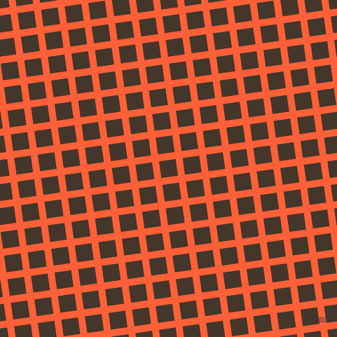 8/98 degree angle diagonal checkered chequered lines, 10 pixel line width, 24 pixel square size, Outrageous Orange and Dark Rum plaid checkered seamless tileable