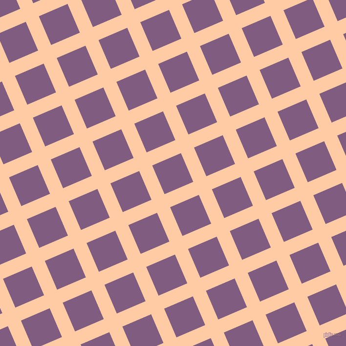 23/113 degree angle diagonal checkered chequered lines, 29 pixel lines width, 64 pixel square size, Peach and Trendy Pink plaid checkered seamless tileable