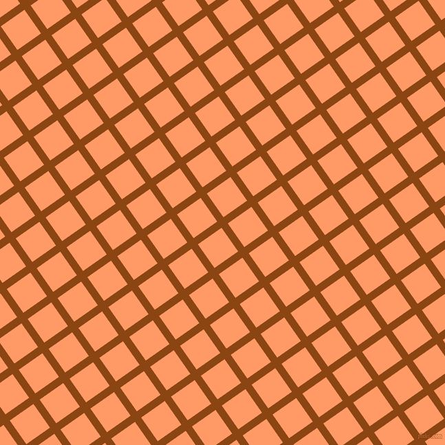 35/125 degree angle diagonal checkered chequered lines, 11 pixel line width, 42 pixel square size, Saddle Brown and Atomic Tangerine plaid checkered seamless tileable