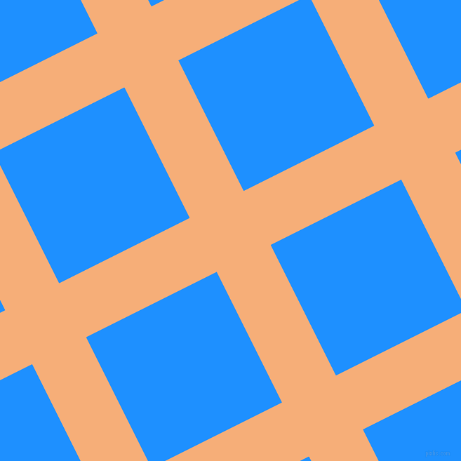 27/117 degree angle diagonal checkered chequered lines, 86 pixel lines width, 208 pixel square size, Tacao and Dodger Blue plaid checkered seamless tileable