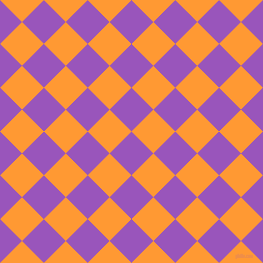 45/135 degree angle diagonal checkered chequered squares checker pattern checkers background, 63 pixel square size, , Deep Lilac and Neon Carrot checkers chequered checkered squares seamless tileable