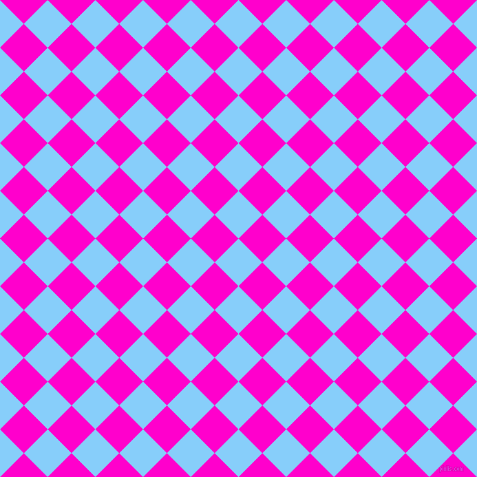 45/135 degree angle diagonal checkered chequered squares checker pattern checkers background, 49 pixel square size, , Light Sky Blue and Hot Magenta checkers chequered checkered squares seamless tileable