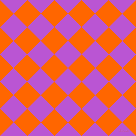 45/135 degree angle diagonal checkered chequered squares checker pattern checkers background, 64 pixel squares size, , Medium Orchid and Safety Orange checkers chequered checkered squares seamless tileable