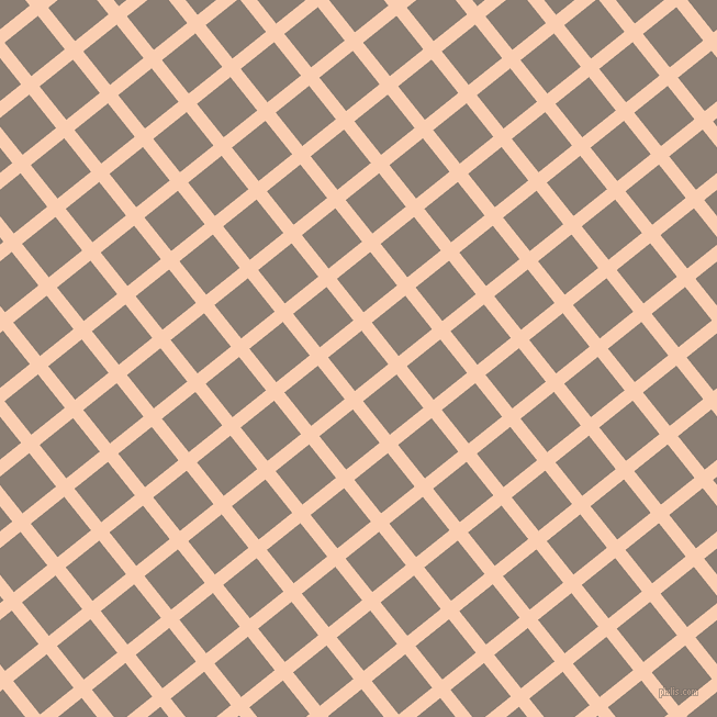 39/129 degree angle diagonal checkered chequered lines, 12 pixel line width, 39 pixel square size, Apricot and Americano plaid checkered seamless tileable