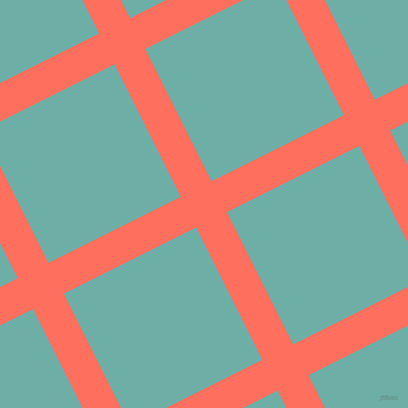 27/117 degree angle diagonal checkered chequered lines, 70 pixel line width, 301 pixel square size, Bittersweet and Tradewind plaid checkered seamless tileable