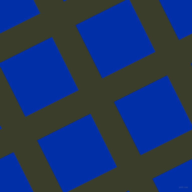 27/117 degree angle diagonal checkered chequered lines, 105 pixel line width, 238 pixel square size, Green Kelp and International Klein Blue plaid checkered seamless tileable