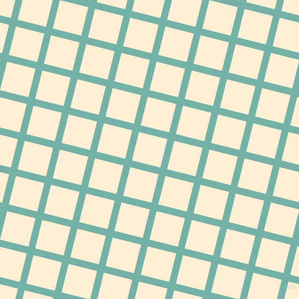 76/166 degree angle diagonal checkered chequered lines, 14 pixel line width, 59 pixel square size, Gulf Stream and Papaya Whip plaid checkered seamless tileable