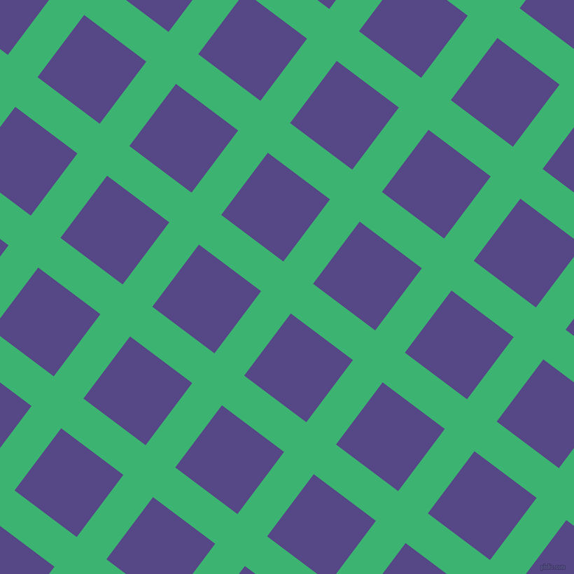 53/143 degree angle diagonal checkered chequered lines, 53 pixel line width, 111 pixel square size, Medium Sea Green and Gigas plaid checkered seamless tileable