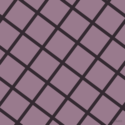 53/143 degree angle diagonal checkered chequered lines, 11 pixel lines width, 75 pixel square size, Melanzane and Mountbatten Pink plaid checkered seamless tileable