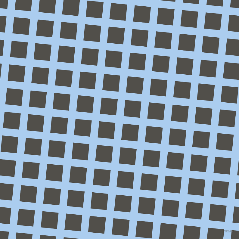 84/174 degree angle diagonal checkered chequered lines, 25 pixel line width, 54 pixel square size, Pale Cornflower Blue and Dune plaid checkered seamless tileable