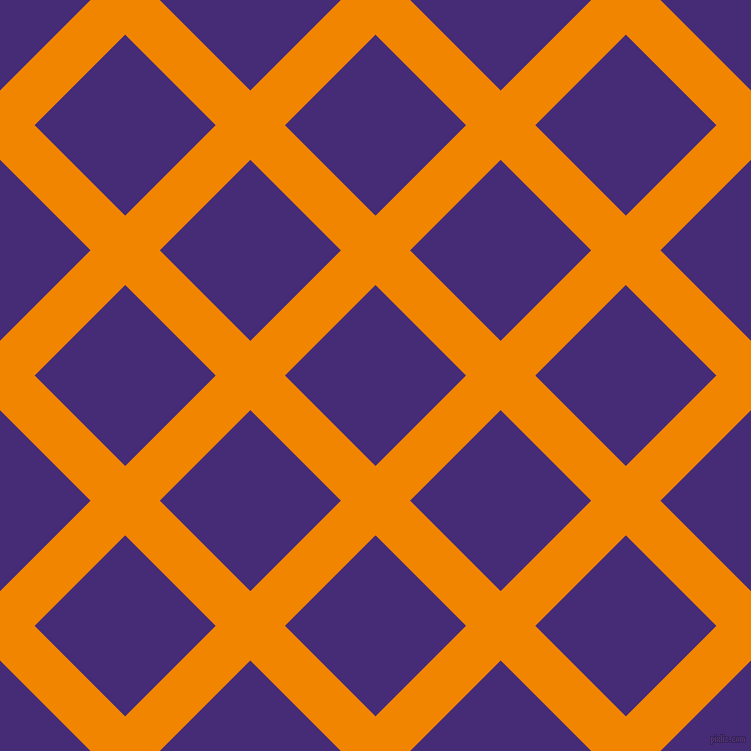 45/135 degree angle diagonal checkered chequered lines, 49 pixel line width, 128 pixel square size, Tangerine and Windsor plaid checkered seamless tileable